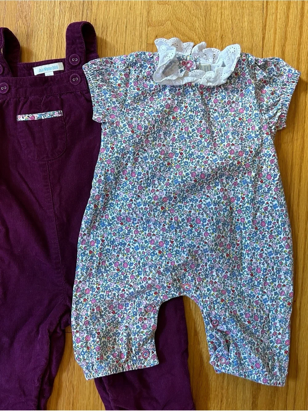 JoJo Maman Bebe Plum Corduroy Overalls and Floral Romper
